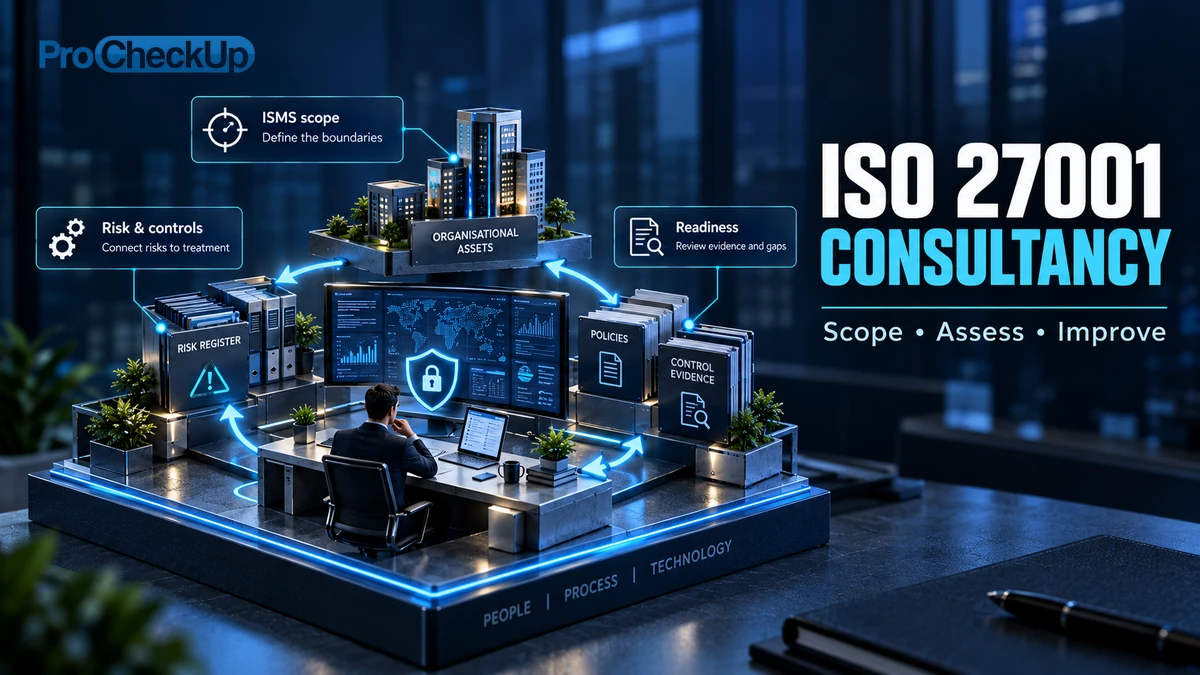 Iso 27001 Consultancy. Scope, Assess, Improve. ISMS scope: Define the boundaries; Risk & controls: Connect risks to treatment; Readiness: Review evidence and gaps.