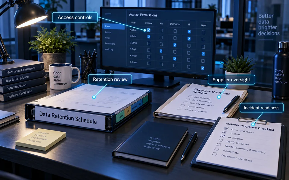Privacy control review: Access controls, Retention review, Supplier oversight, Incident readiness.