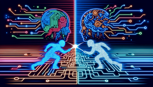 A digital art of two men fighting with a circuit board

Description automatically generated