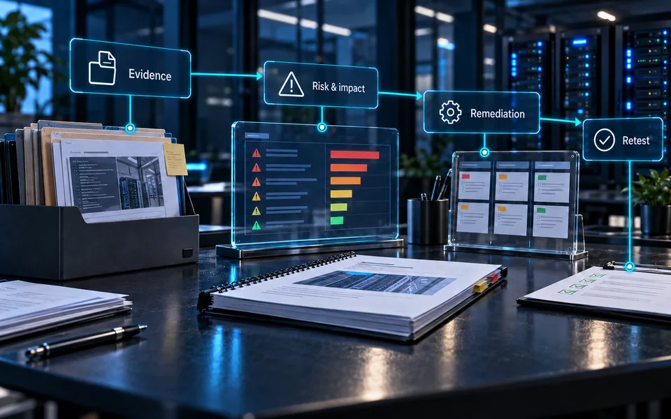 An evidence-based security report connects validated findings, business impact, remediation and retesting.