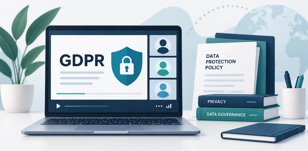 Illustration of a data-protection webinar with a presentation screen, documents and a privacy shield.